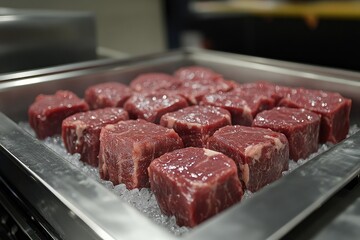 Fototapeta premium Fresh red meat cubes resting on ice in metal tray