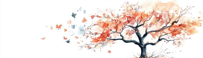 Fototapeta premium A beautiful watercolor painting of an autumn tree shedding its colorful leaves, symbolizing change and the beauty of nature.