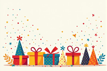 Obraz premium A joyful birthday illustration with colorful confetti, bright gift boxes, and festive decorations creating a cheerful and celebratory theme..