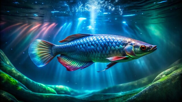 Stunning Long Exposure Arwana Fish Photography: Underwater Elegance, Aquatic Life, Asian Arowana, Dragon Fish,  Fish Tank,  Flowing Water,  Night Photography