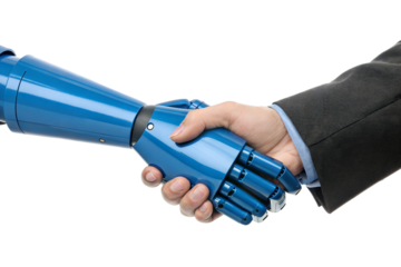 A blue robotic arm shakes hands with a human hand wearing a black suit. Transparent background. Close up