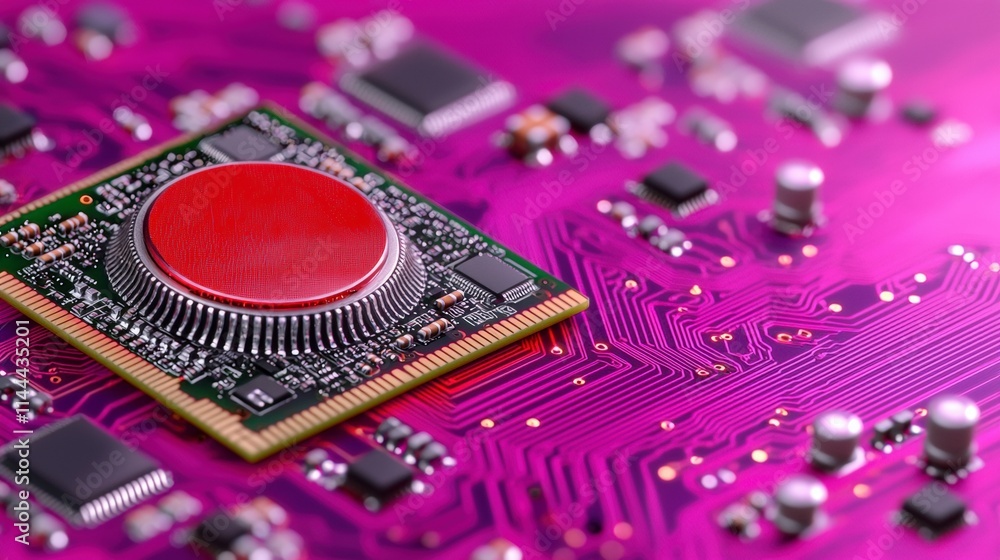 Poster high tech circuit board close up of microchip with red button