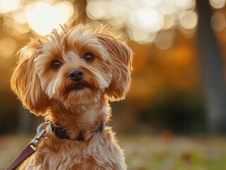 Dog with leash with vibrant fur, soft lighting, cozy park atmosphere
