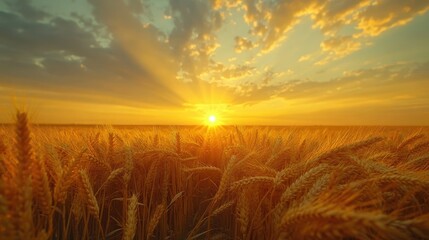 Obraz premium Golden wheat field shining under sunset light