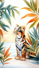 Ocelot Kitten Beach Sunset Tropical Leaves Wildlife Illustration.