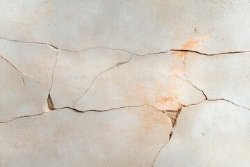 Fototapeta premium Cracked wall surface showing signs of age with visible crevices and discoloration in neutral tones