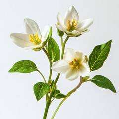 close-up of three white trillium flowers on a white background