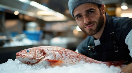 Fishmonger showing fresh red snapper on ice in fish market stall