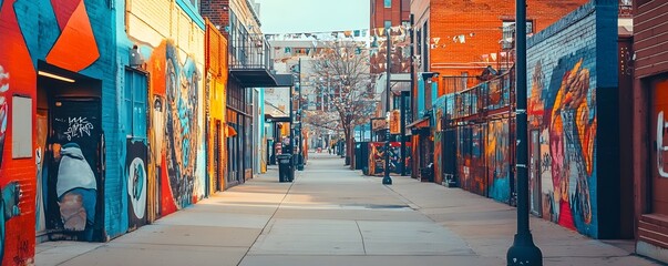 Naklejka premium A vibrant alley showcasing colorful murals and street art, inviting exploration and creativity. Perfect for capturing urban culture, artistic expression, and community spirit.