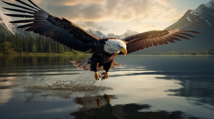 Eagle flight on the river for hunting fish