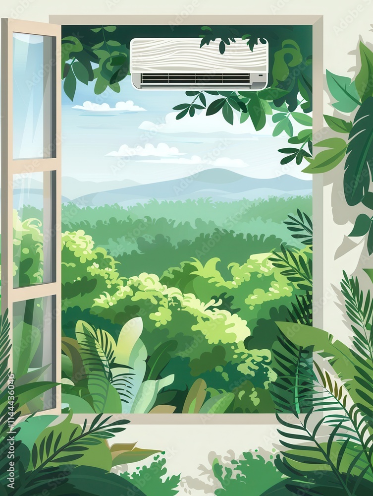Poster Cool air flows through an open window surrounded by lush greenery and a mounted air conditioning unit. Generative AI