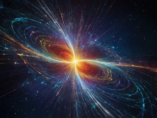 Vivid cosmic explosion displaying swirling colors and radiant energy amidst a dark cosmic backdrop in a vast universe