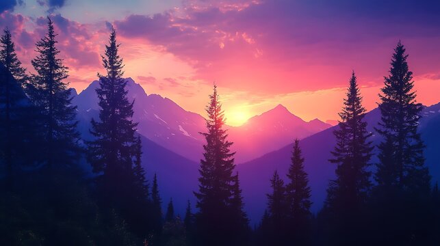 Silhouetted pine trees against the backdrop of glowing alpine mountains and a vivid sunset 