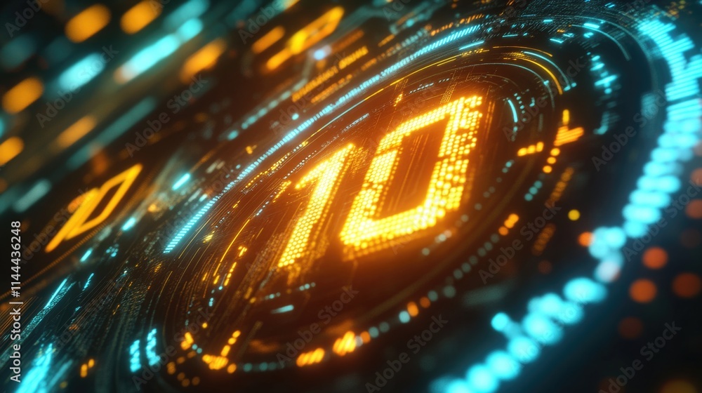 Poster glowing circuit board with digital interface and number sequences.