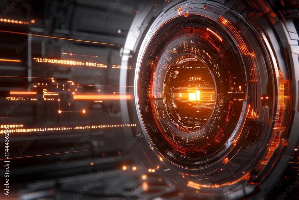 Poster abstract digital design featuring intricate patterns and vibrant orange light effects in a futuristi