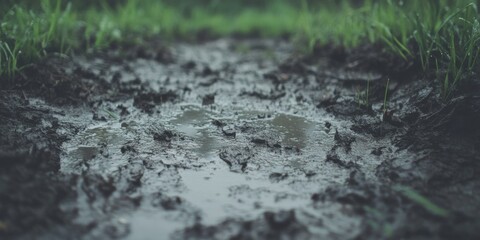 Obraz premium Puddles Forming in a Dirt Trail Nature Walk Closeup Photography Wet Environment Ground Level View Tranquility and Reflection