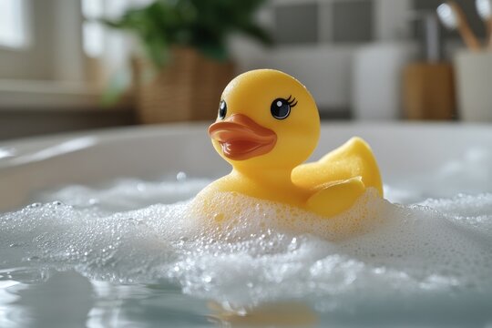 closeup yellow rubber duckling toy in bath with foam