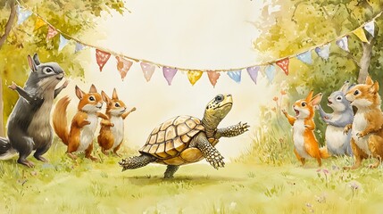 The turtle is running to the finish line. The Classic Race Between Rabbit and Tortoise