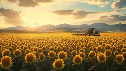 A Field of Sunflowers During Harvest with Modern Machinery":