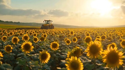 A Field of Sunflowers During Harvest with Modern Machinery":