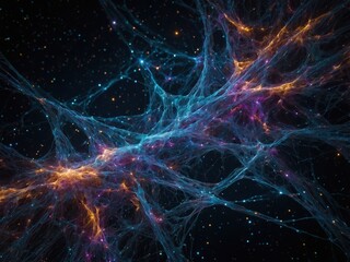 Obraz premium Exploring the vast structure of the universe with intricate webs of cosmic filaments illuminated by distant starlight in a dark, expansive space