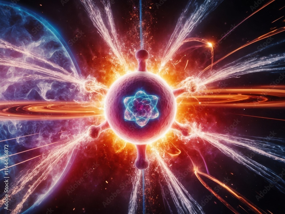 Poster cosmic explosion illustrating the vibrant dynamics of atomic interactions in a colorful celestial en