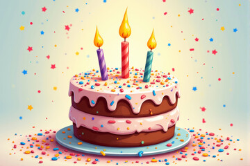 A colorful birthday cake illustration with glowing candles, cheerful decorations, and festive elements creating a vibrant party theme..