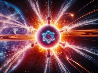 Fototapeta premium Cosmic explosion illustrating the vibrant dynamics of atomic interactions in a colorful celestial environment at the forefront of a distant galaxy