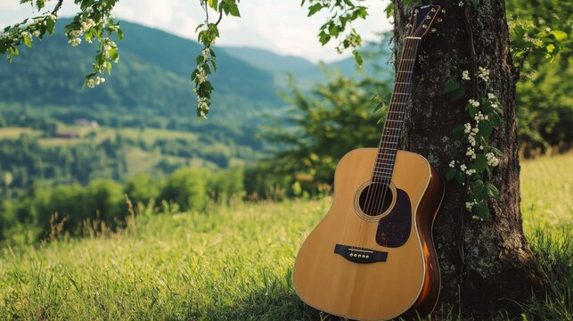 Acoustic guitar rests against a tree in a serene mountain landscape surrounded by greenery during a sunny day