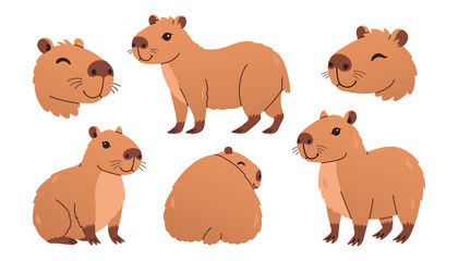 Cute capybara set. Funny flat cartoon animal collection. Kawaii hand drawn capibara isolated print design for sticker, postcard, tshirt