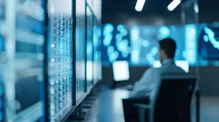 Advanced artificial intelligence security system visualization in modern control room environment, showcasing real-time cyber threat detection and defense mechanisms