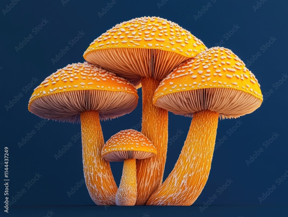 Poster three orange mushrooms are standing next to each other on a blue background. the mushrooms are all d
