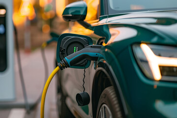Advanced electric car docked at a smart charging station, cables connected, ready to power up its long-range battery amidst a network of efficient, sustainable energy solutions