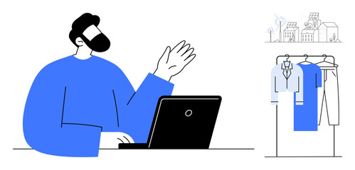Person working on laptop with hand raised, next to a clothing rack and a cityscape. Ideal for remote work, online meetings, e-commerce, retail, urban planning, fashion home office themes. Line