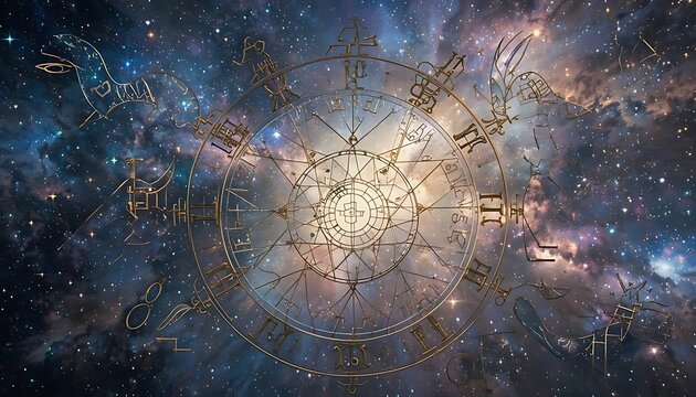 Celestial Cosmos: Ornate Zodiac Wheel Against a Starry Night