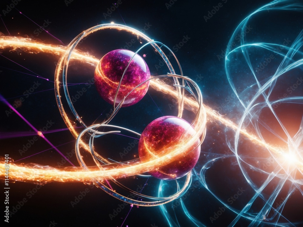 Poster abstract depiction of quantum particles interacting with light in a vibrant cosmic environment showc