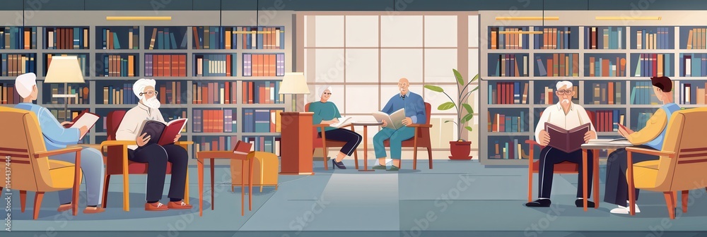 Fototapete Elderly individuals enjoying reading and studying in a cozy library environment during the daytime. Generative AI
