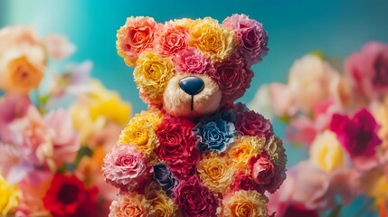 A vibrant teddy bear crafted from beautiful roses, surrounded by a colorful array of flowers, symbolizing affection and joy, perfect for celebrations and special occasions.