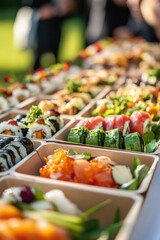 Colorful assortment of sushi in various bento boxes, ready for catering service or event. Fresh ingredients like fish and vegetables featured.