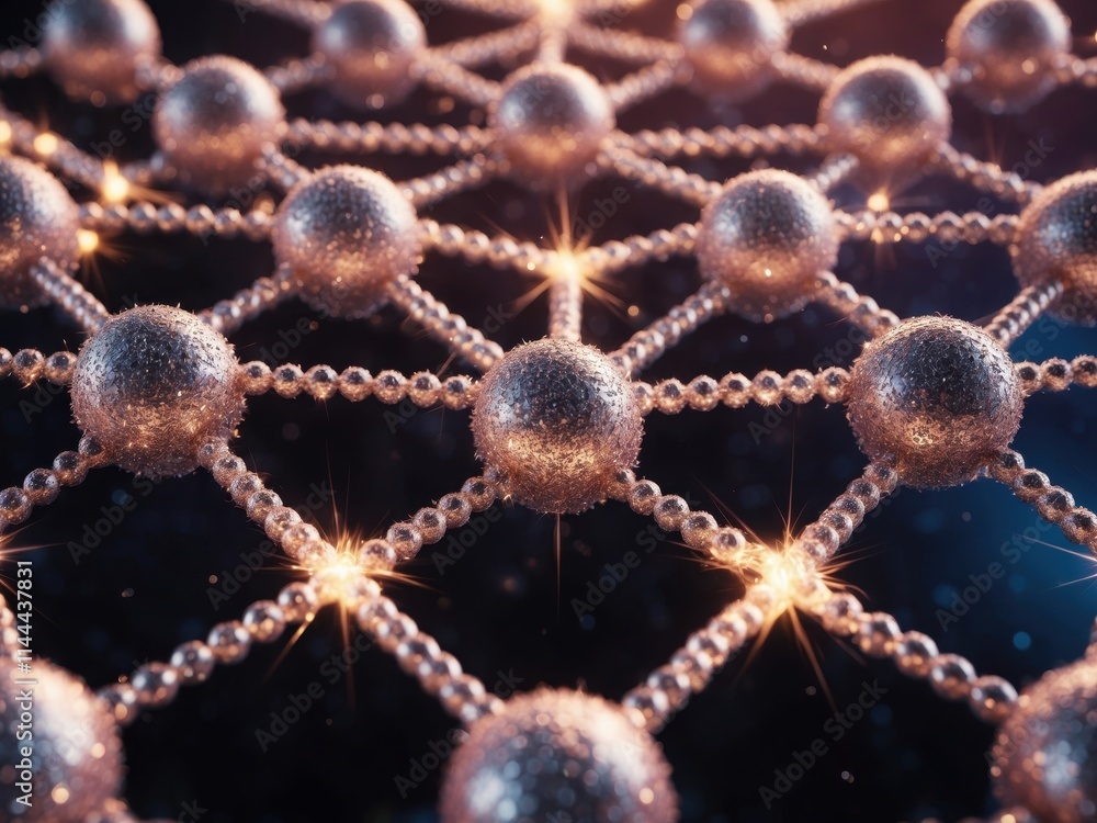 Poster detailed view of interconnected atoms forming a crystal lattice structure with luminous particles hi