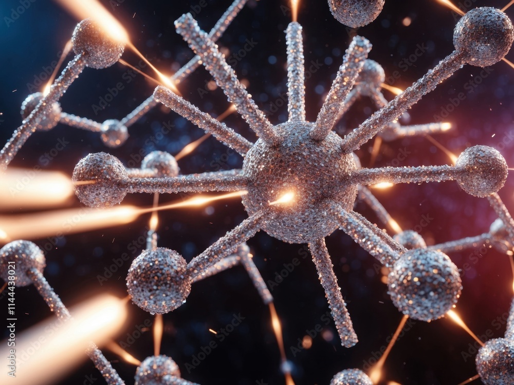 Poster intricate close-up of molecular structure illuminated by energetic particles in a scientific explora