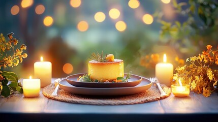 Fototapeta premium A cozy dinner setup featuring earthy ceramic plates, seasonal dishes, and candlelight, reflecting a rustic culinary experience.