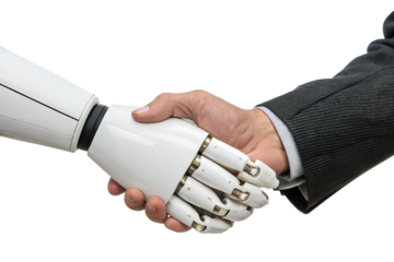 A white robotic arm shakes hands with a human hand wearing a black suit. Transparent background. Close up
