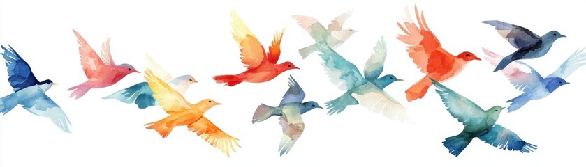 Naklejka premium A vibrant watercolor illustration depicting a flock of colorful birds in flight, evoking a sense of freedom and nature's beauty.