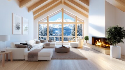 Fototapeta premium A cozy rustic living room with wooden beams, a stone fireplace, and plush furniture, bathed in warm natural light, exuding a homely vibe.