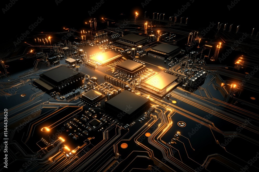 Aufkleber high-tech close-up of a glowing circuit board showcasing complex microchips and intricate wiring pat