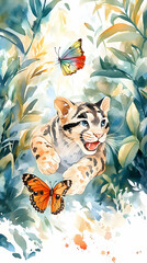 Playful Ocelot Kitten Leaping Amidst Lush Tropical Foliage, Butterflies Flutter Nearby, Ideal for Children's Book Illustration.