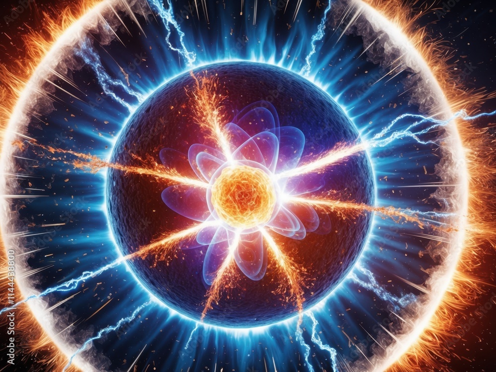 Aufkleber visual representation of an atom with electric charges illustrating its structure and function in a 