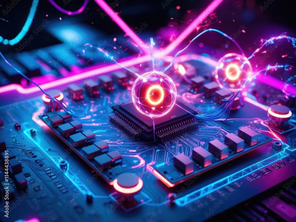 Poster vibrant digital circuitry illuminated by neon lights showcasing advanced technology and electromagne