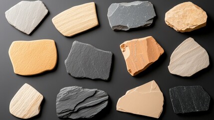 Fototapeta premium A flat-lay of natural stone textures in earthy tones, showcasing rough and smooth surfaces with organic imperfections for a grounded aesthetic.